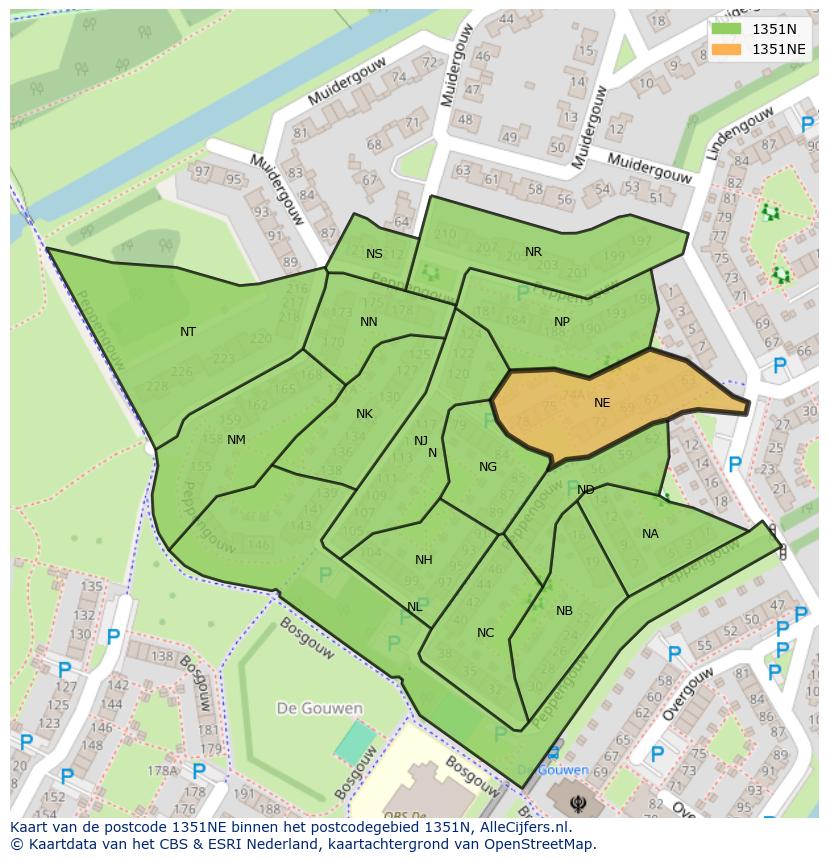 Afbeelding van het postcodegebied 1351 NE op de kaart.