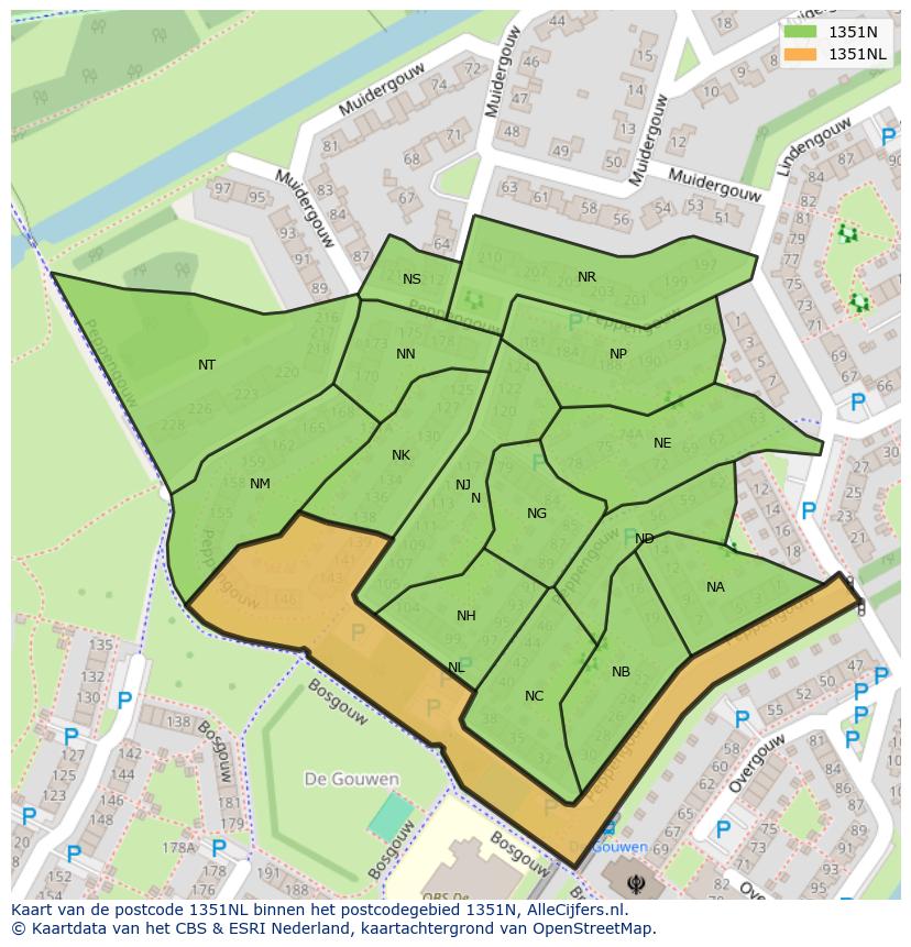 Afbeelding van het postcodegebied 1351 NL op de kaart.