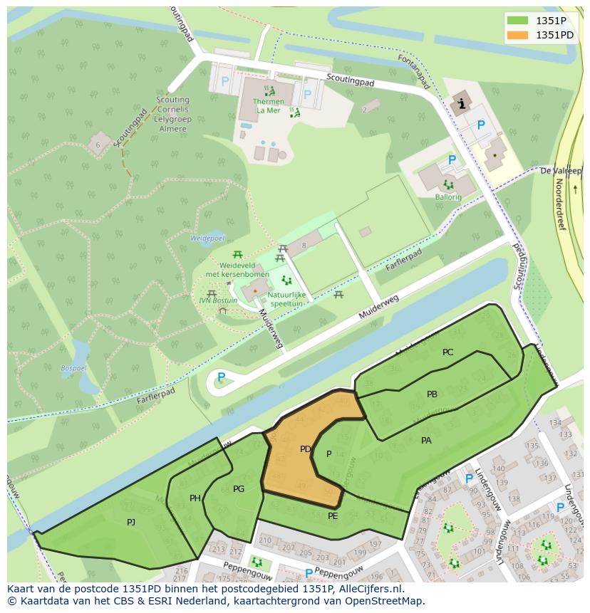 Afbeelding van het postcodegebied 1351 PD op de kaart.