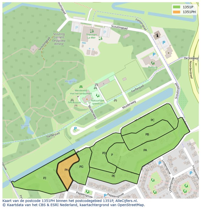 Afbeelding van het postcodegebied 1351 PH op de kaart.