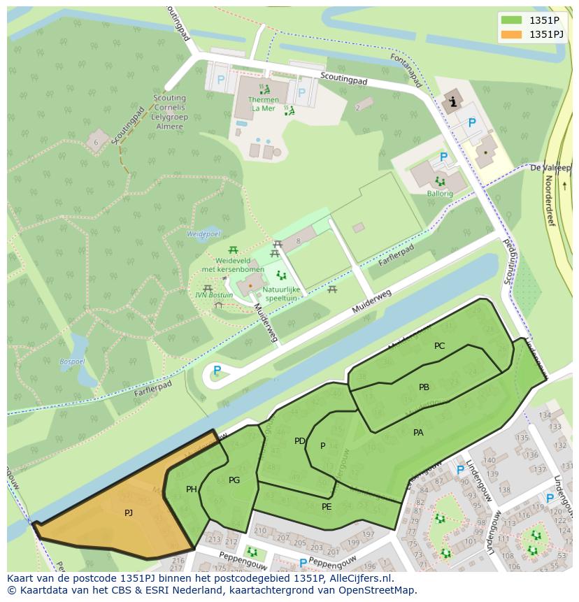 Afbeelding van het postcodegebied 1351 PJ op de kaart.