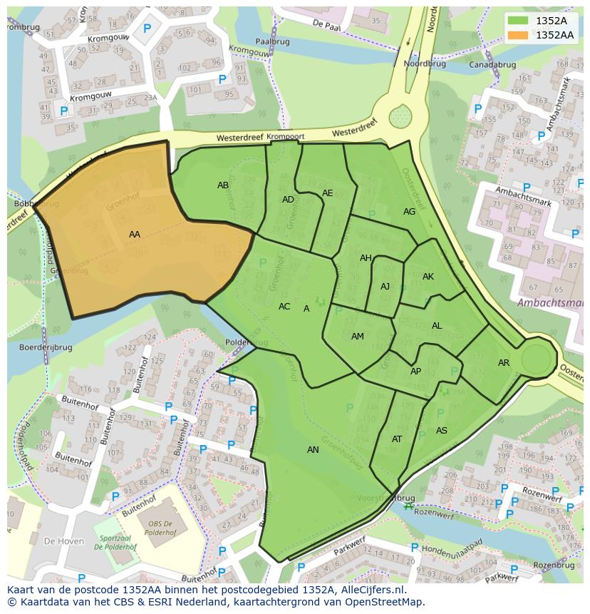 Afbeelding van het postcodegebied 1352 AA op de kaart.