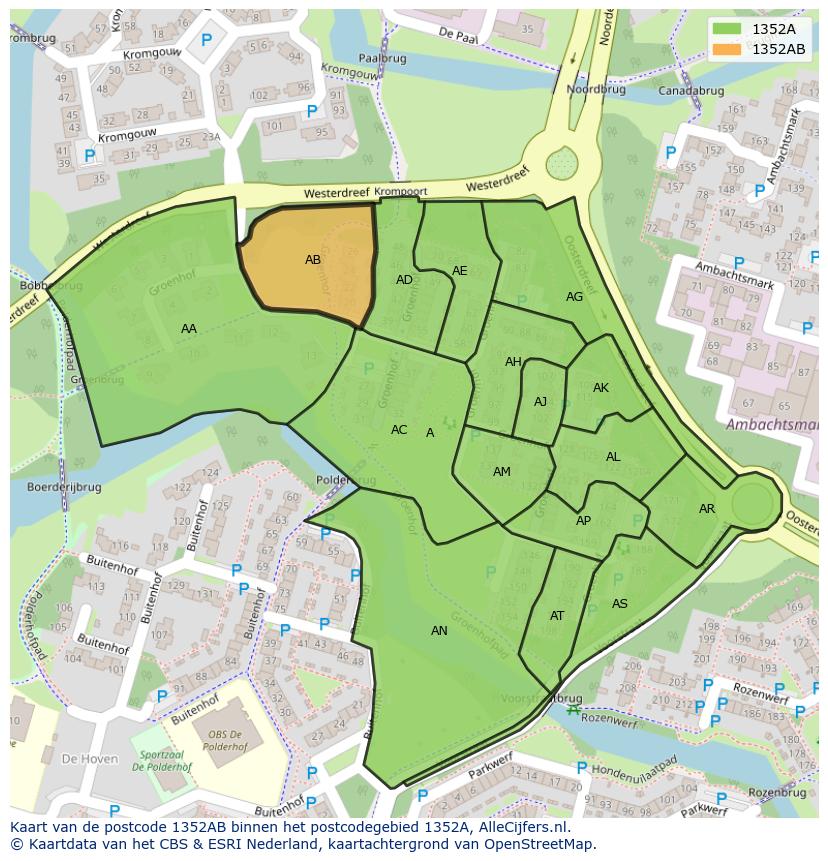 Afbeelding van het postcodegebied 1352 AB op de kaart.