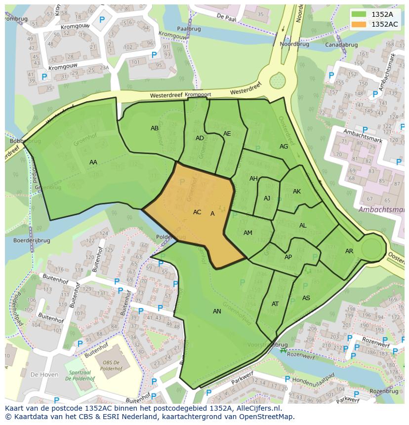 Afbeelding van het postcodegebied 1352 AC op de kaart.