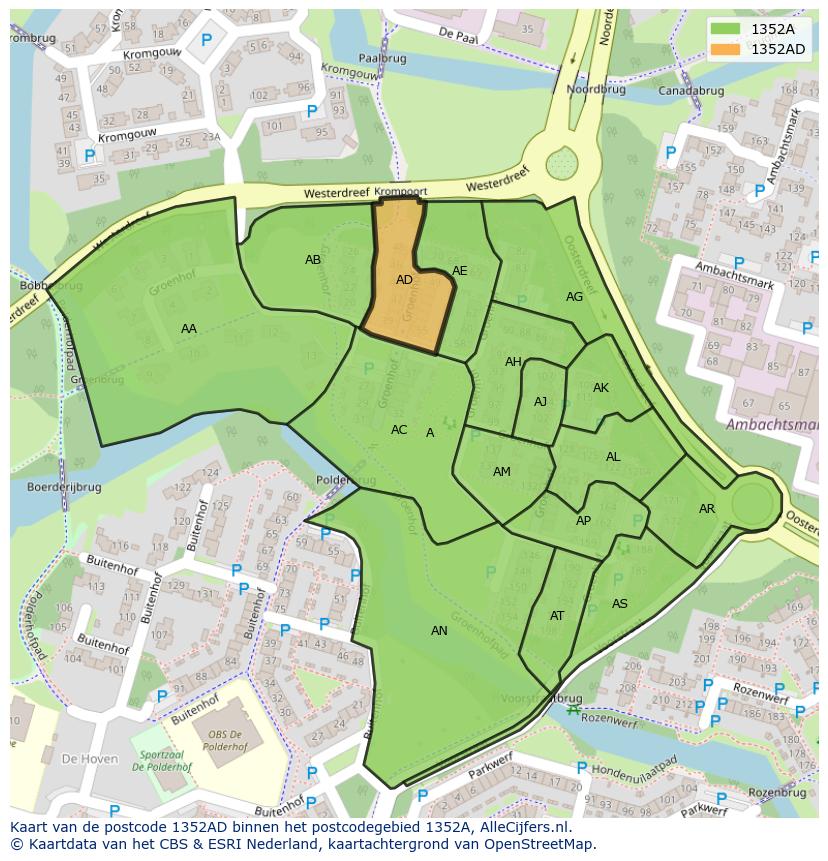 Afbeelding van het postcodegebied 1352 AD op de kaart.
