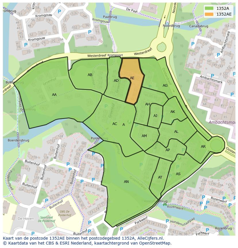 Afbeelding van het postcodegebied 1352 AE op de kaart.