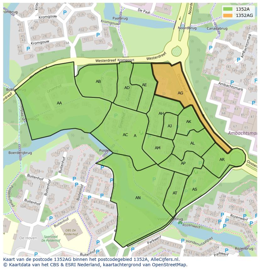 Afbeelding van het postcodegebied 1352 AG op de kaart.