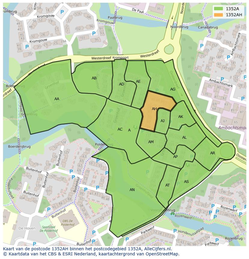 Afbeelding van het postcodegebied 1352 AH op de kaart.