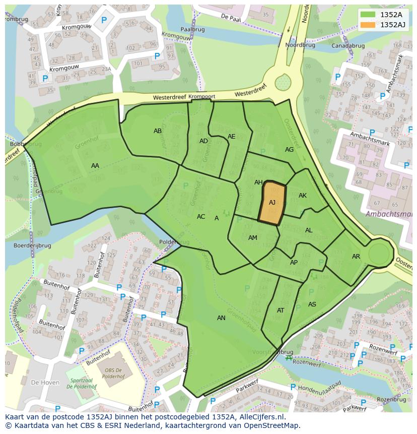 Afbeelding van het postcodegebied 1352 AJ op de kaart.