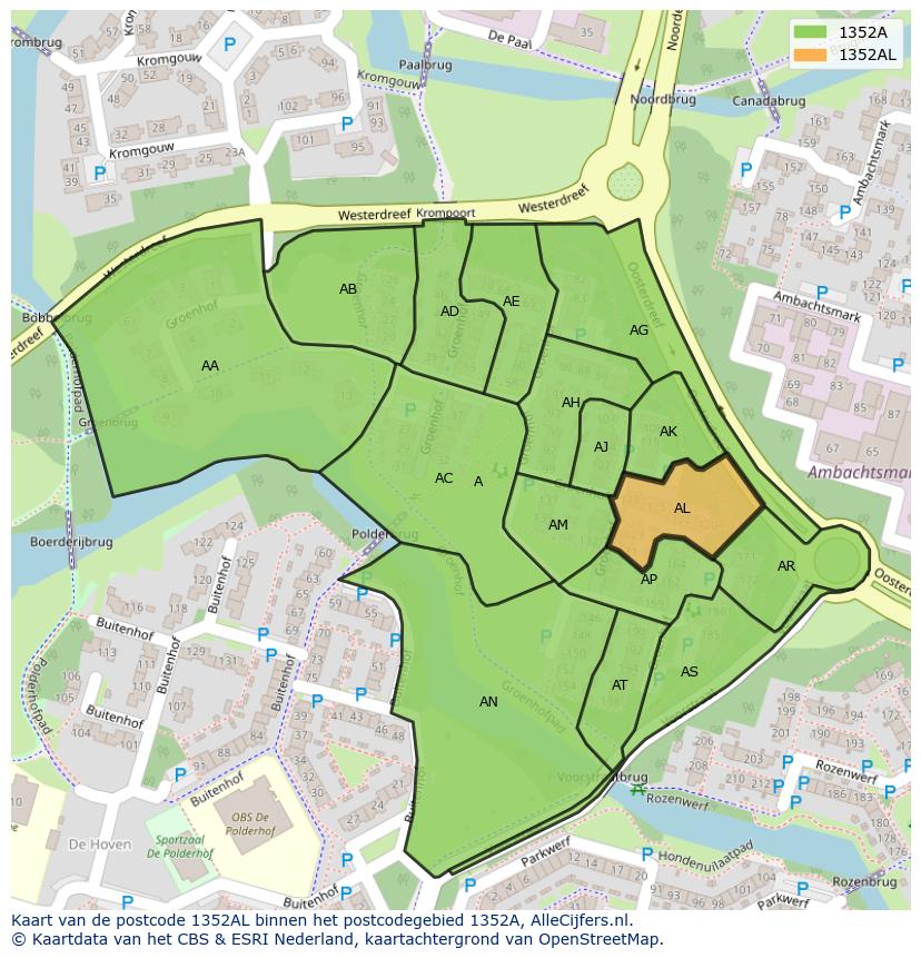 Afbeelding van het postcodegebied 1352 AL op de kaart.