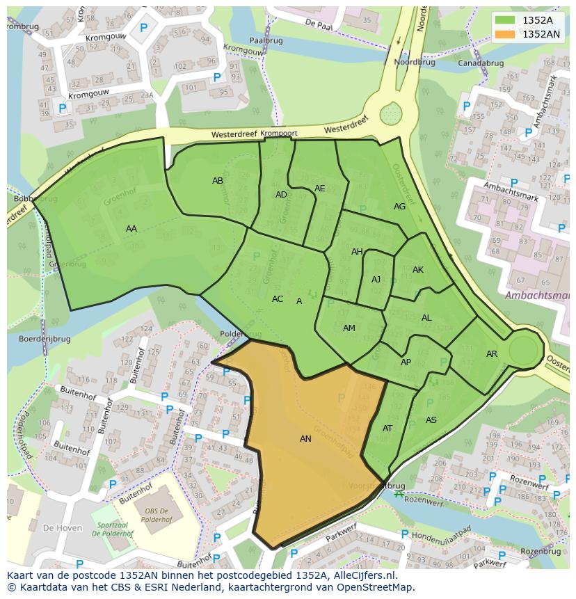 Afbeelding van het postcodegebied 1352 AN op de kaart.