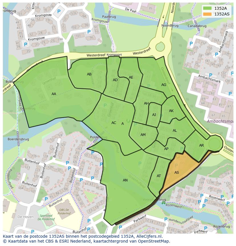 Afbeelding van het postcodegebied 1352 AS op de kaart.