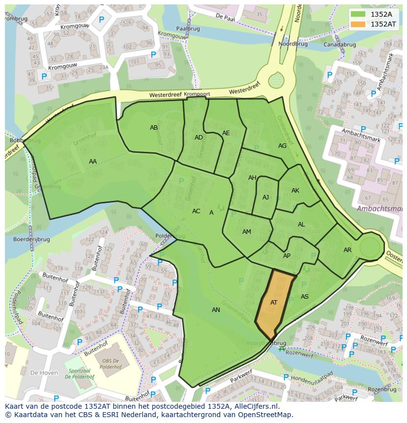 Afbeelding van het postcodegebied 1352 AT op de kaart.