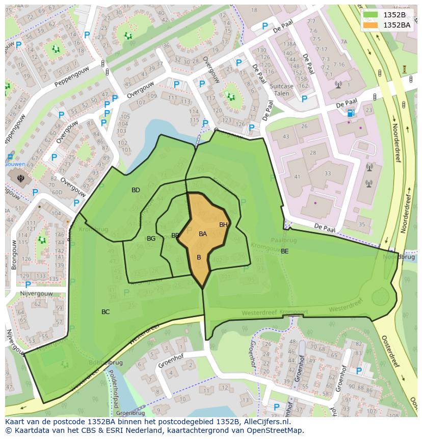 Afbeelding van het postcodegebied 1352 BA op de kaart.