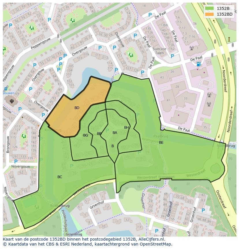 Afbeelding van het postcodegebied 1352 BD op de kaart.