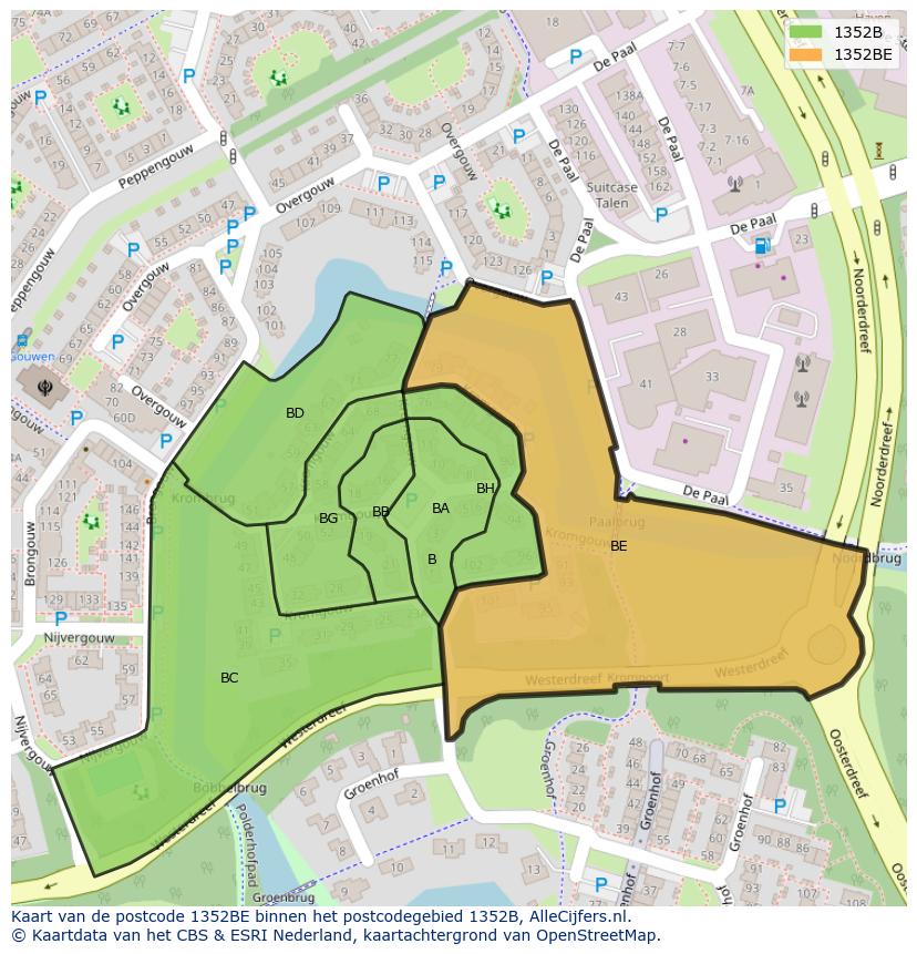 Afbeelding van het postcodegebied 1352 BE op de kaart.