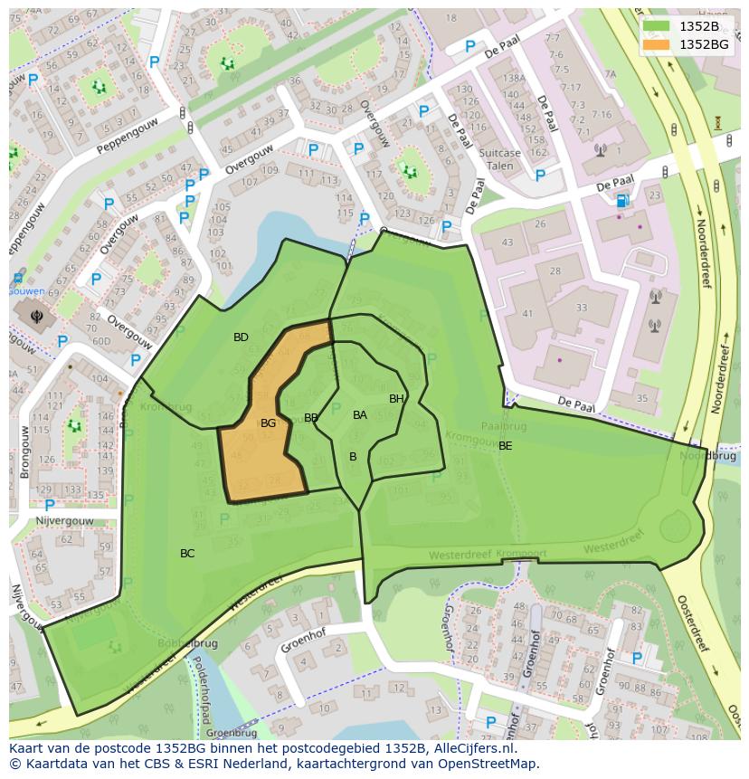 Afbeelding van het postcodegebied 1352 BG op de kaart.