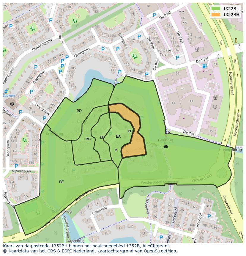 Afbeelding van het postcodegebied 1352 BH op de kaart.