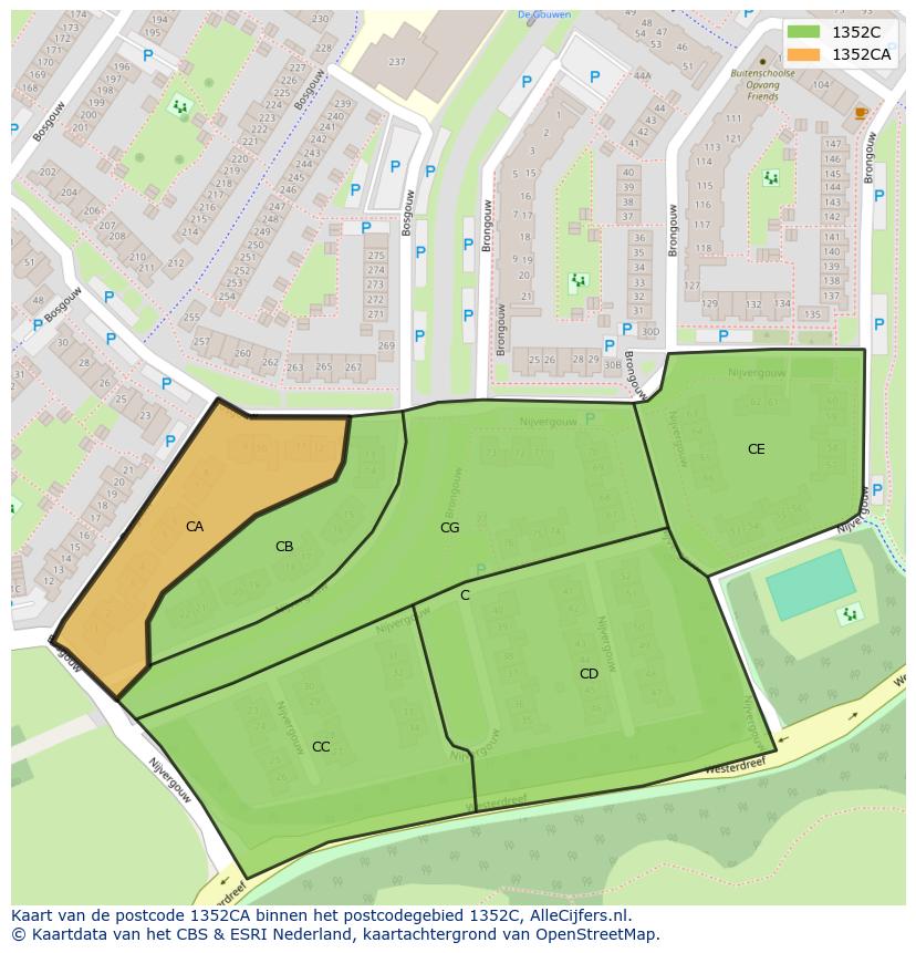 Afbeelding van het postcodegebied 1352 CA op de kaart.