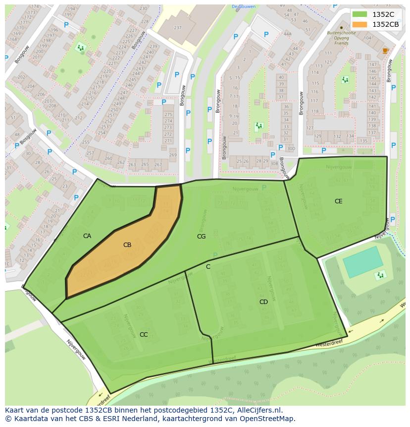 Afbeelding van het postcodegebied 1352 CB op de kaart.