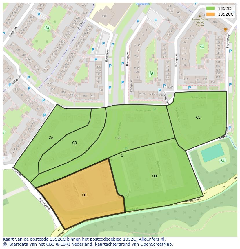Afbeelding van het postcodegebied 1352 CC op de kaart.