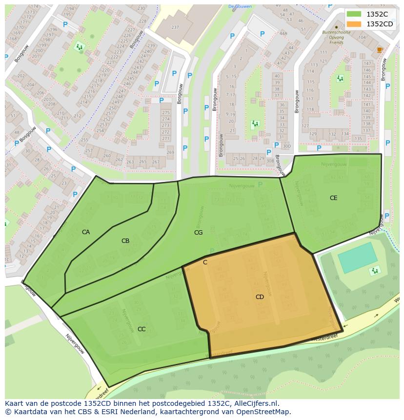 Afbeelding van het postcodegebied 1352 CD op de kaart.