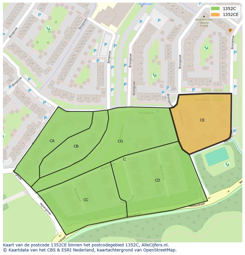 Afbeelding van het postcodegebied 1352 CE op de kaart.
