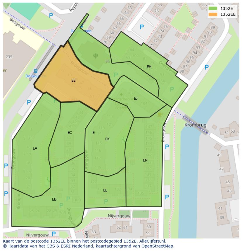 Afbeelding van het postcodegebied 1352 EE op de kaart.