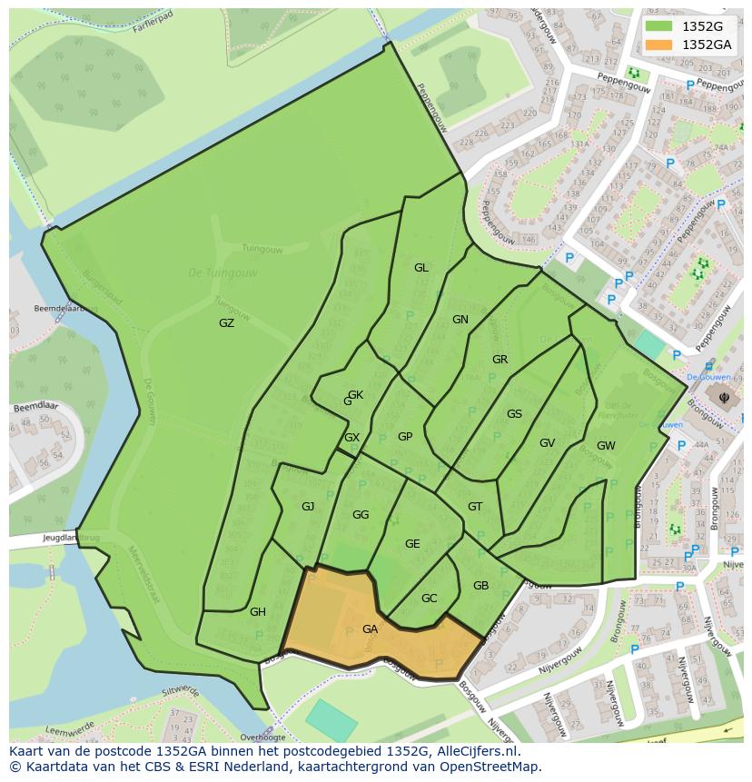 Afbeelding van het postcodegebied 1352 GA op de kaart.