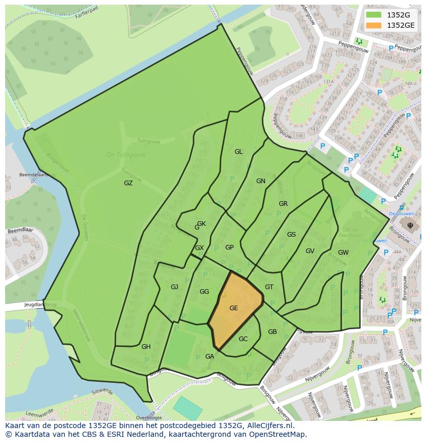 Afbeelding van het postcodegebied 1352 GE op de kaart.
