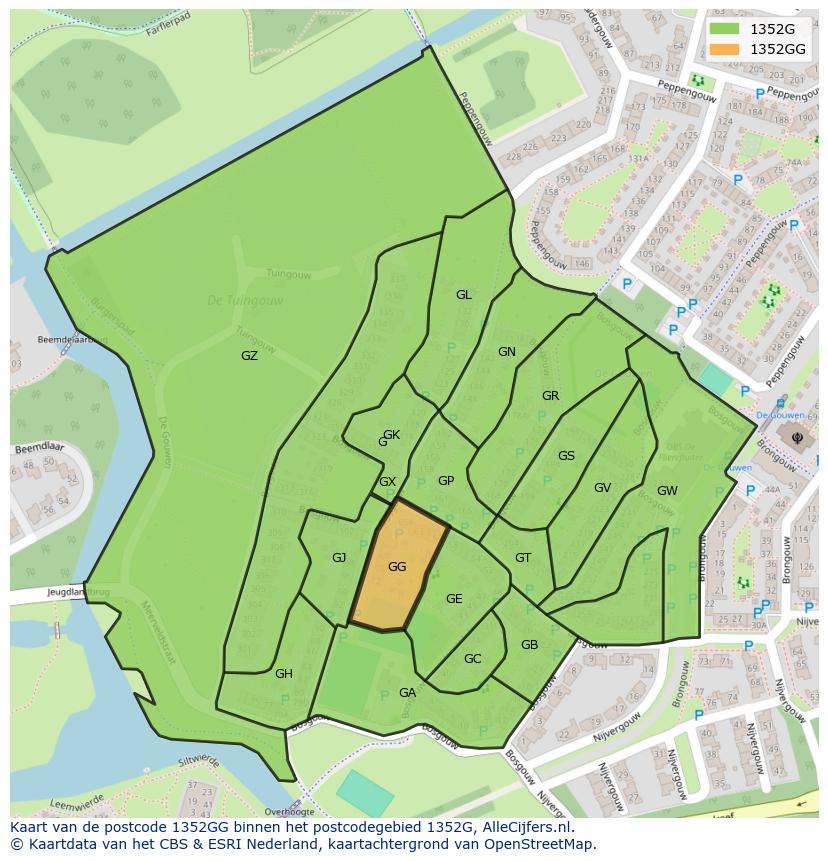 Afbeelding van het postcodegebied 1352 GG op de kaart.