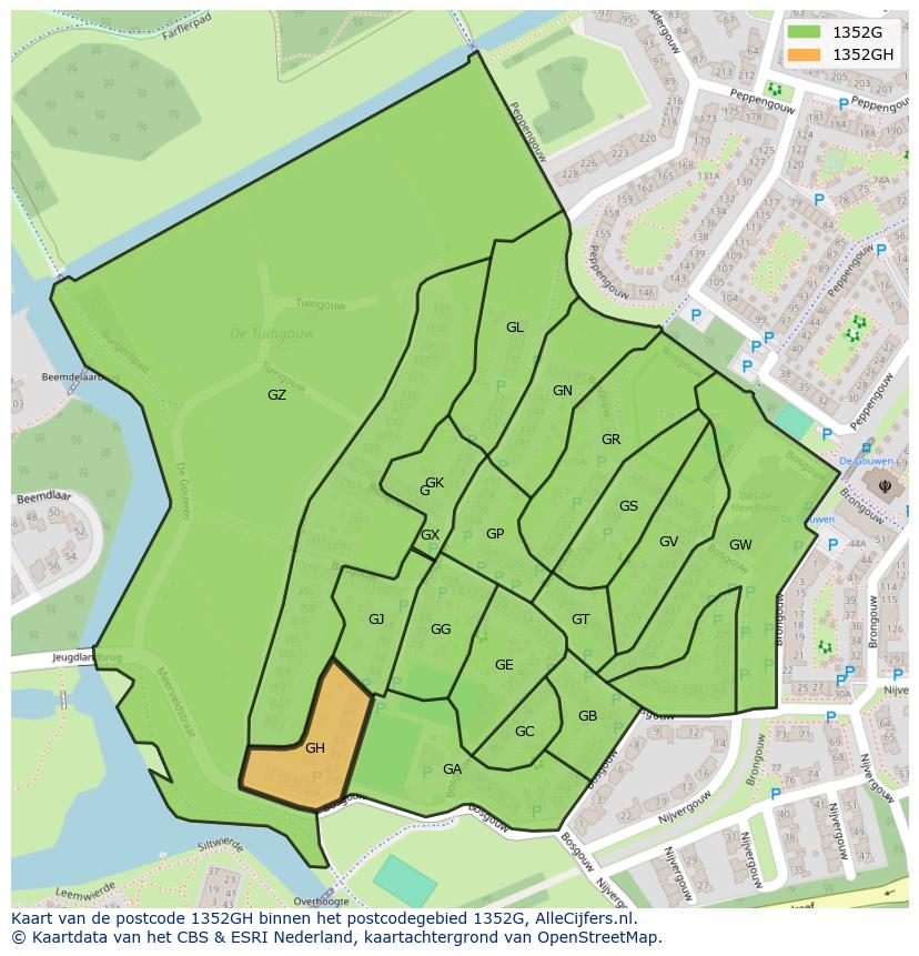 Afbeelding van het postcodegebied 1352 GH op de kaart.