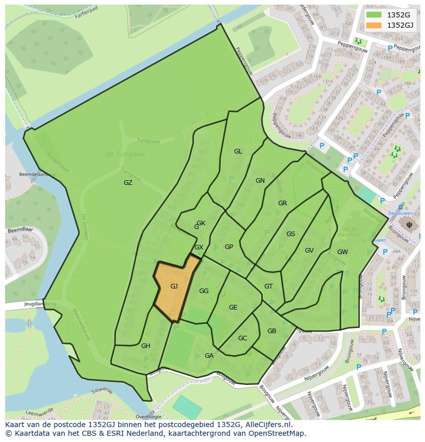 Afbeelding van het postcodegebied 1352 GJ op de kaart.