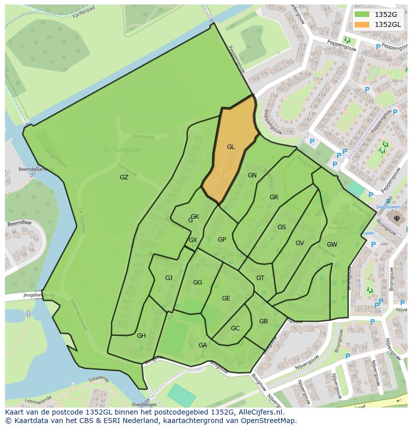 Afbeelding van het postcodegebied 1352 GL op de kaart.