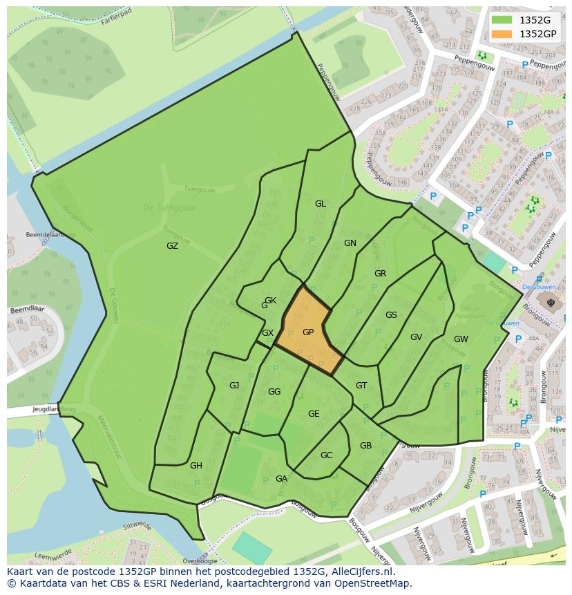 Afbeelding van het postcodegebied 1352 GP op de kaart.
