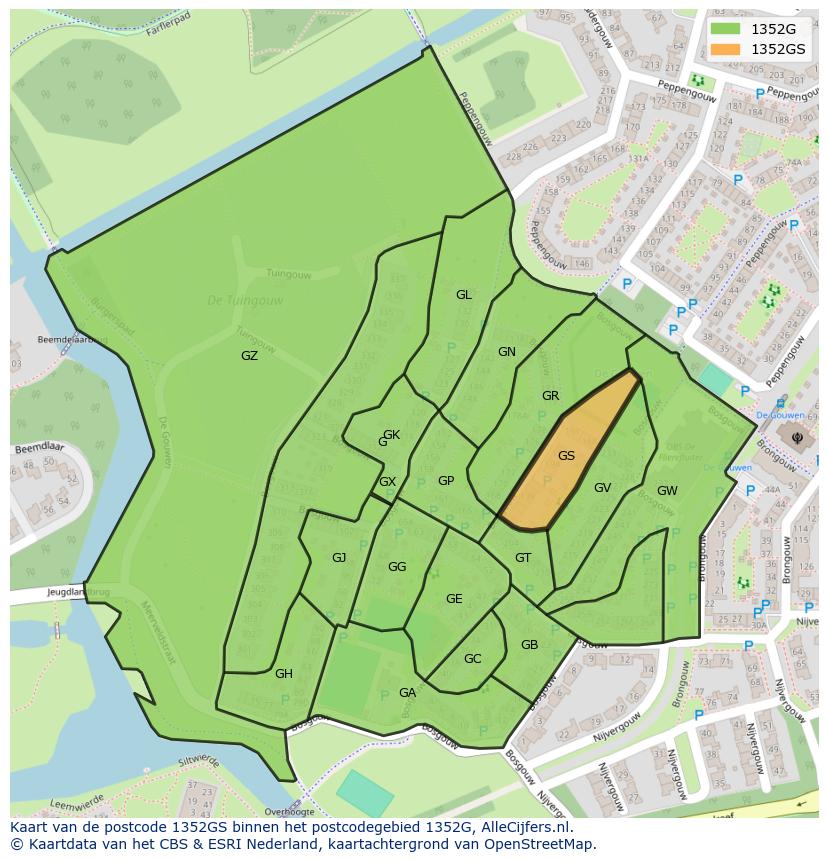 Afbeelding van het postcodegebied 1352 GS op de kaart.