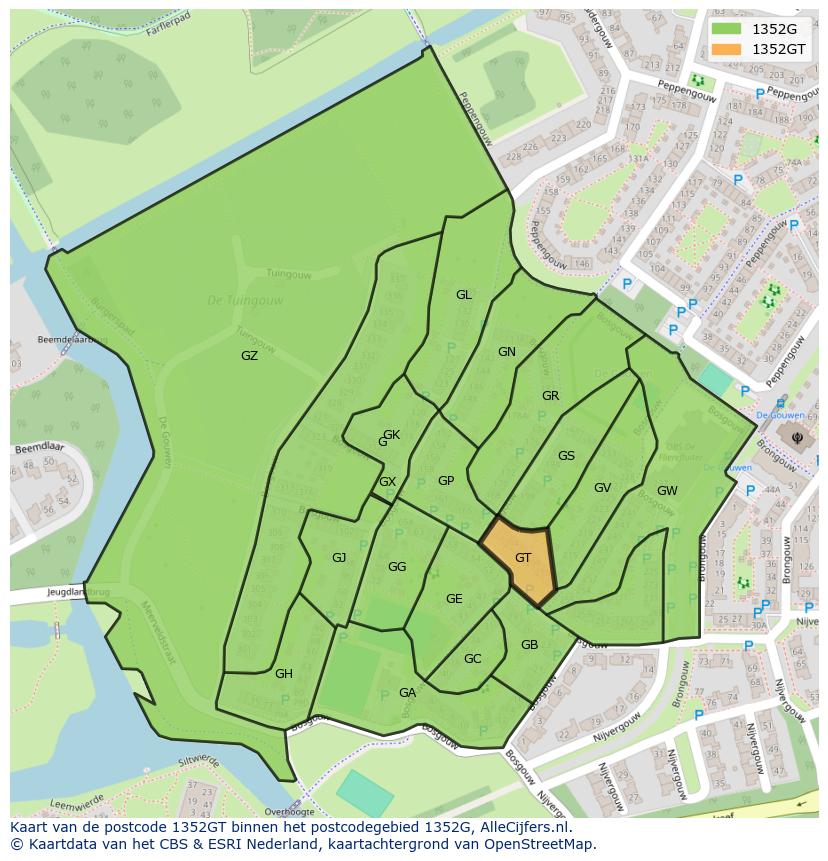 Afbeelding van het postcodegebied 1352 GT op de kaart.