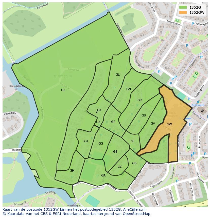 Afbeelding van het postcodegebied 1352 GW op de kaart.