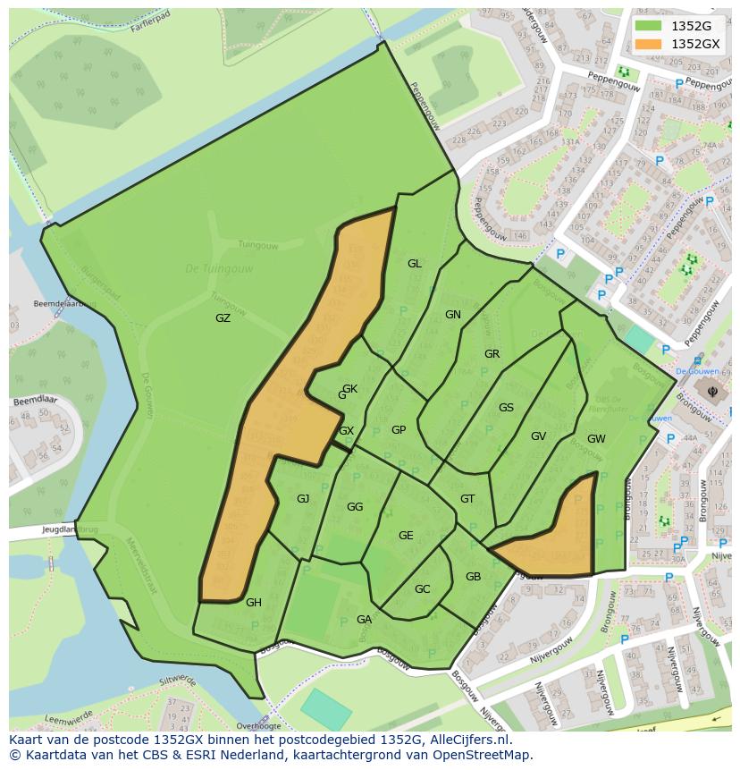 Afbeelding van het postcodegebied 1352 GX op de kaart.