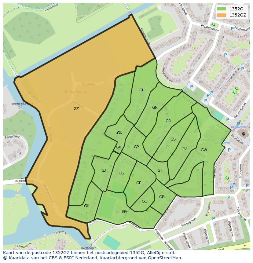 Afbeelding van het postcodegebied 1352 GZ op de kaart.