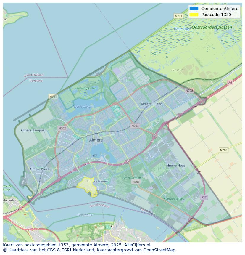 Afbeelding van het postcodegebied 1353 op de kaart.