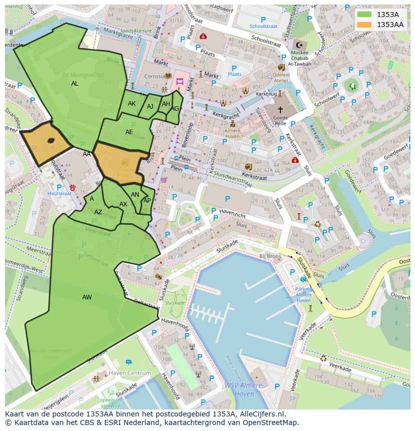 Afbeelding van het postcodegebied 1353 AA op de kaart.