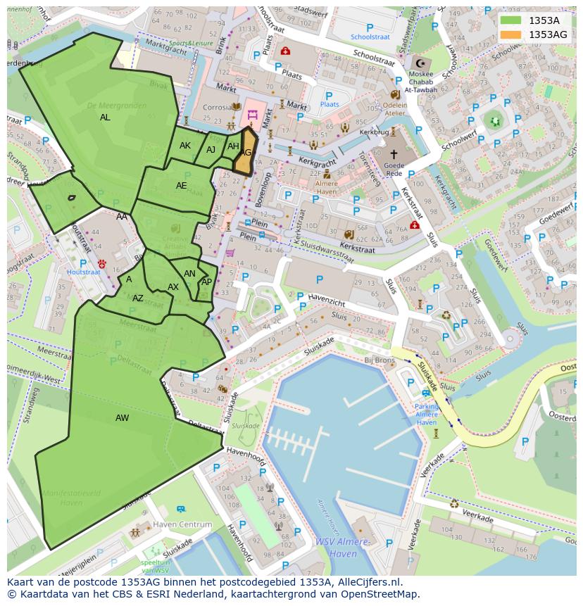 Afbeelding van het postcodegebied 1353 AG op de kaart.