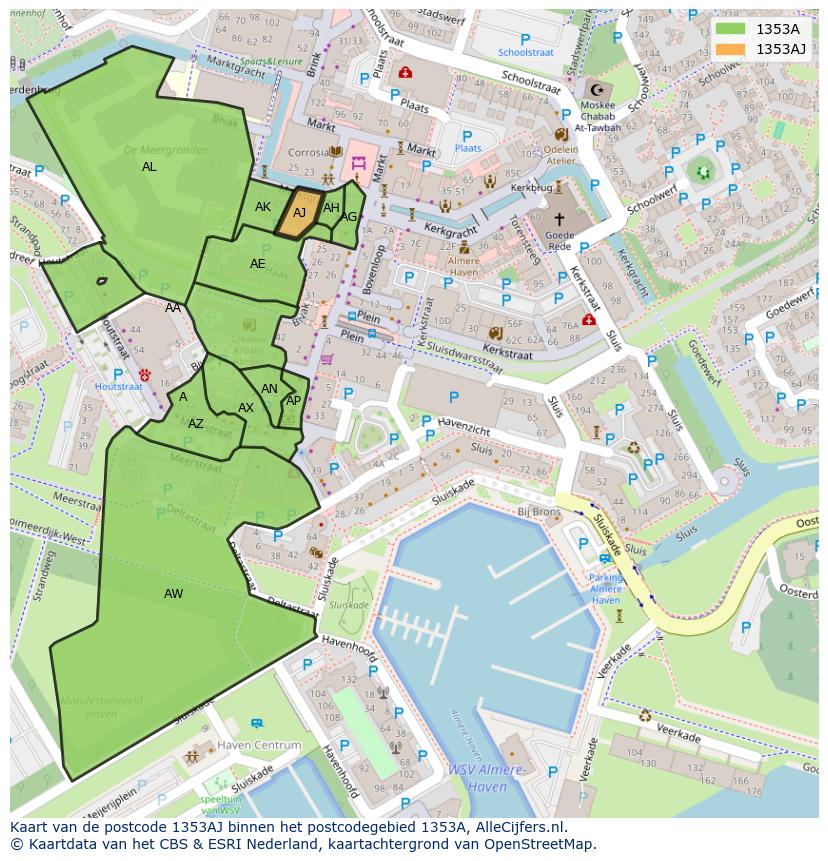 Afbeelding van het postcodegebied 1353 AJ op de kaart.