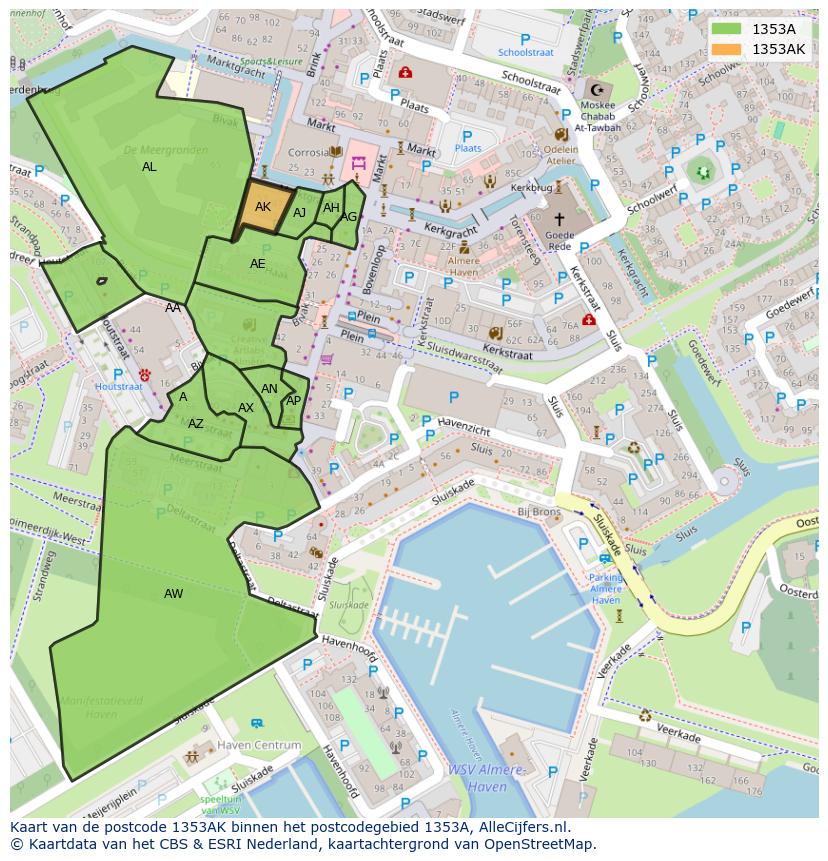 Afbeelding van het postcodegebied 1353 AK op de kaart.