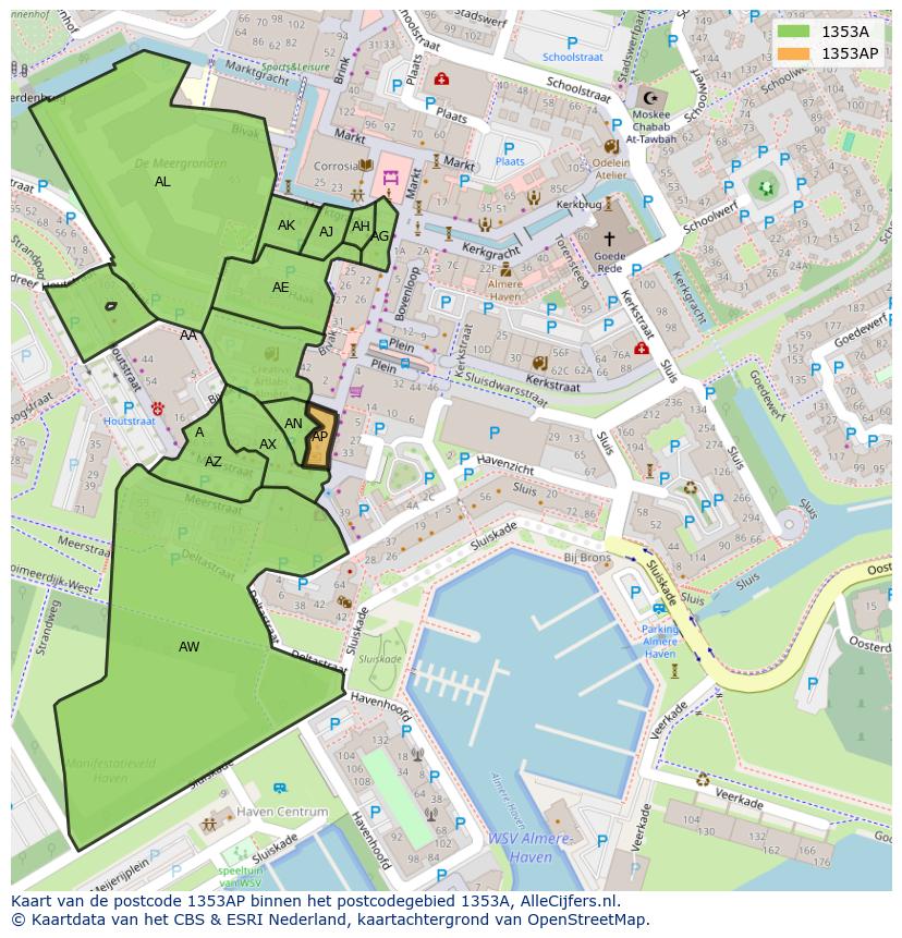 Afbeelding van het postcodegebied 1353 AP op de kaart.
