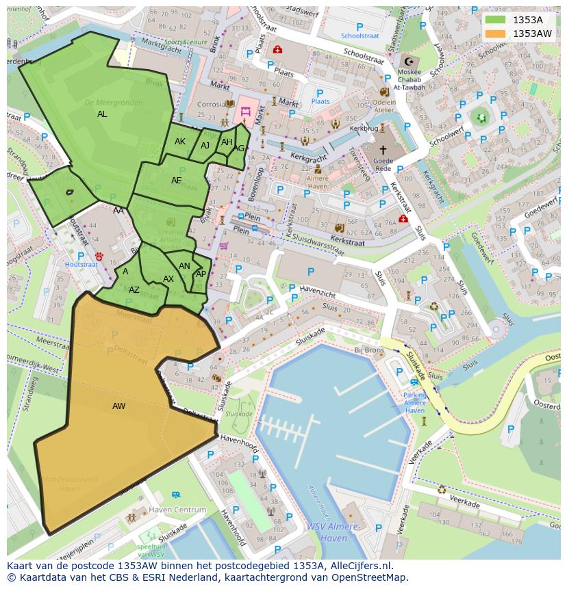 Afbeelding van het postcodegebied 1353 AW op de kaart.