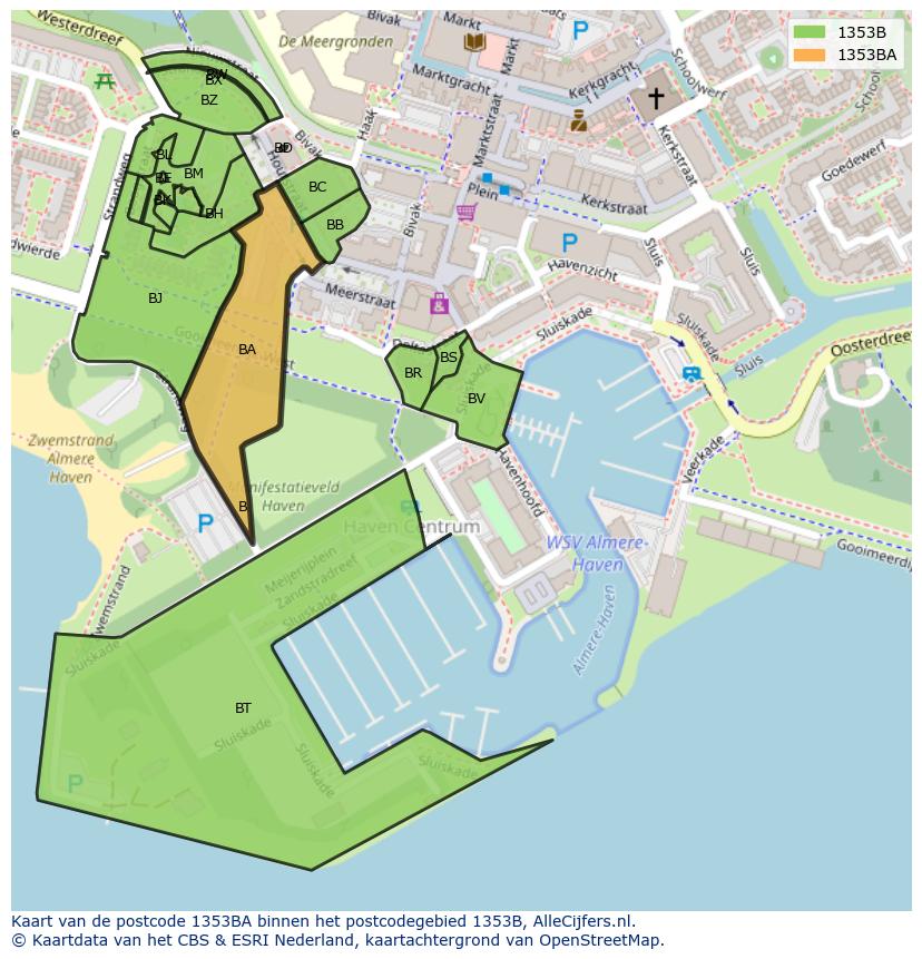 Afbeelding van het postcodegebied 1353 BA op de kaart.