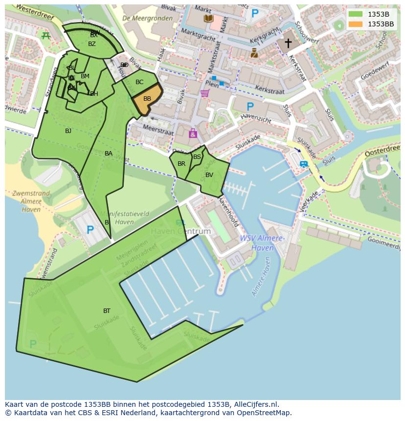 Afbeelding van het postcodegebied 1353 BB op de kaart.