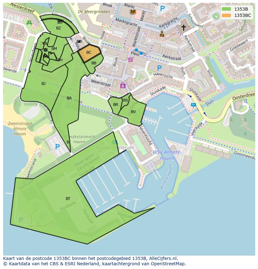 Afbeelding van het postcodegebied 1353 BC op de kaart.